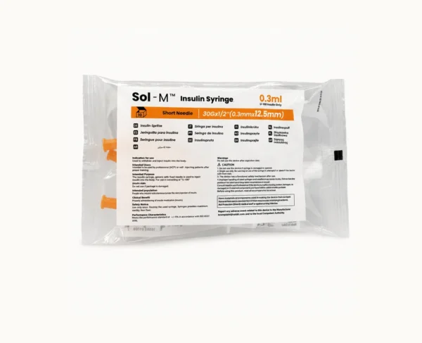 03ml - LUX PEPTIDES Insulin syringe packaging labeled 'Sol-M' with 0.3 ml capacity and orange tips on a clear bag
