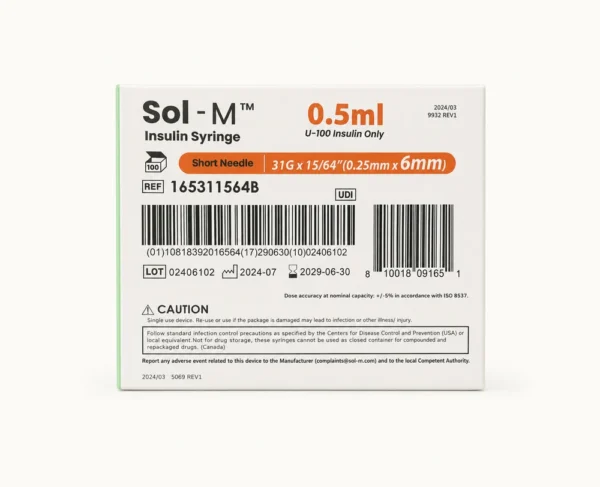 056ml - LUX PEPTIDES Sol-M insulin syringe box, 0.5 ml capacity, with barcode and lot/expiry details.