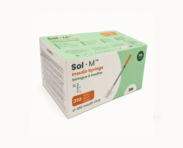 Box of Sol-M insulin syringes, 100 pcs, with a pictured syringe on the mint-green and white package (31G 0.5 mL)