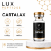 Lux Peptides Cartalax promo: a glass bottle with gold cap beside a white display and four circular icons labeled Joint, Mobility, Cartilage, Wellness.