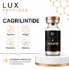 Lux Peptides Cagrlintide product promo: bottle on right with four icons (Appetite, Weight, Metabolic, Wellness) on left and 'FOR RESEARCH PURPOSE ONLY' text at bottom.