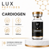 Brand image for Lux Peptides Cardigen: bottle on right with four icons (Heart, Circulation, Cardio, Wellness) on left and 'FOR RESEARCH PURPOSE ONLY' note below.