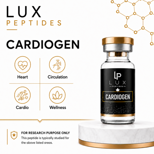 Brand image for Lux Peptides Cardigen: bottle on right with four icons (Heart, Circulation, Cardio, Wellness) on left and 'FOR RESEARCH PURPOSE ONLY' note below.