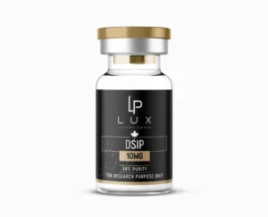Glass vial with black label reading DSIP 10MG, 99% purity, for research purposes only, from LP Lux Peptides brand.