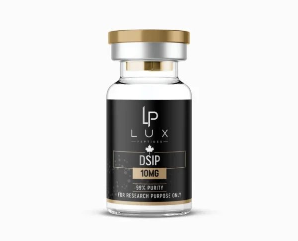 Glass vial with black label reading DSIP 10MG, 99% purity, for research purposes only, from LP Lux Peptides brand.