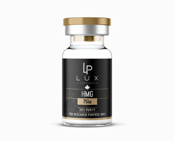 Clear glass vial with a gold cap; label shows 'LUX HMG 75iu' and 'For research purposes only'.