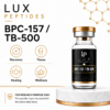 LUX Peptides product ad for BPC-157 / TB-500 with a bottle on the right and four icons labeled Recovery, Tissue, Healing, Wellness; research-use note at bottom left.