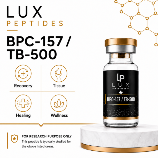 LUX Peptides product ad for BPC-157 / TB-500 with a bottle on the right and four icons labeled Recovery, Tissue, Healing, Wellness; research-use note at bottom left.
