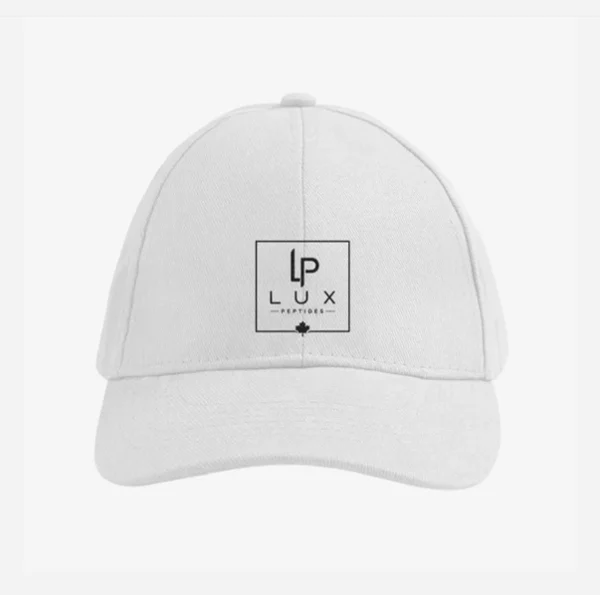 White baseball cap with a black square logo on the front reading 'LP LUX PEPTIDES'.