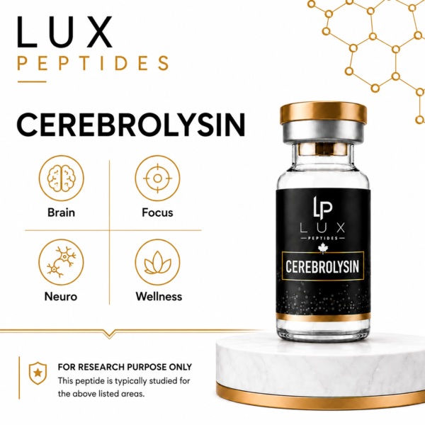 Lux Peptides Cerebrolysin bottle shown with four circular icons labeled Brain, Focus, Neuro, Wellness, arranged in a grid, plus a research-only disclaimer at bottom.