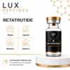 Lux Peptides Retatrutide product image with a bottle on the right and four benefit icons (Weight, Appetite, Metabolic, Wellness) on the left; branding and science-style graphics in gold.