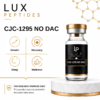 Lux Peptides product ad featuring bottle labeled CJC-1295 NO DAC beside a 4-quadrant wellness graphic (Growth, Recovery, Sleep, Wellness).