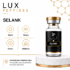 Brand image of Lux Peptides with a glass bottle labeled SELANK on the right; left side shows a 2x2 grid: Mood, Stress, Focus, Wellness icons and labels; research disclaimer text at bottom left.