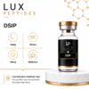 Lux Peptides DSIP bottle with four icons: Sleep, Stress, Mood, Wellness grid, for research use only in the corner.