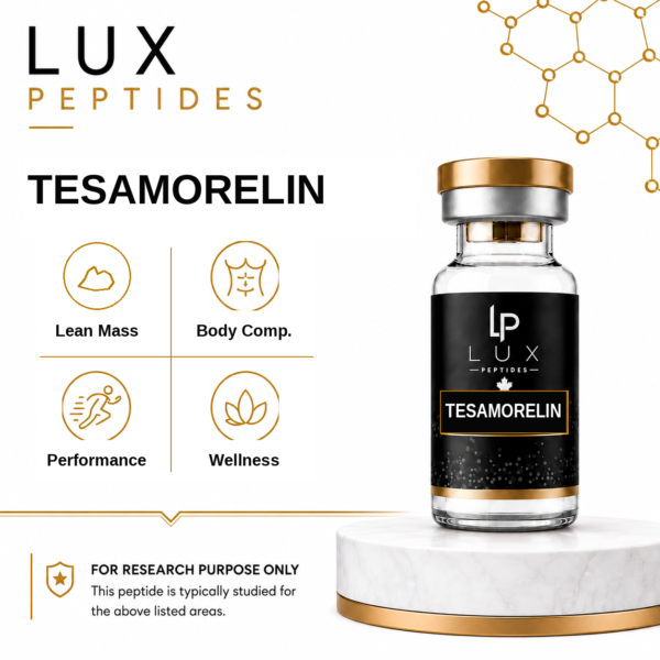 Lux Peptides Tesamorelin bottle on a marble pedestal with four gold-accent icons and labels (Lean Mass, Body Comp., Performance, Wellness).
