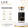Lux Peptides Tirzepatide product ad featuring a bottle and a 4-icon benefits grid: Weight, Appetite, Metabolic, Wellness, with research note text below.