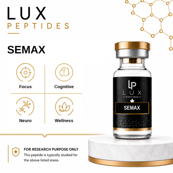 SEMAX bottle from Lux Peptides featured with four benefit icons: Focus, Cognitive, Neuro, Wellness on white background.