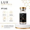 Lux Peptides PT-141 bottle featured with four circular icons labeled Melanocortin, Signaling, Neuro, and Research.