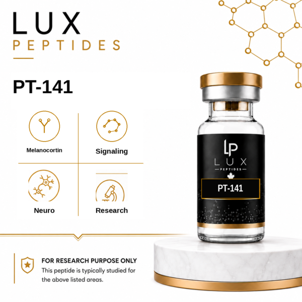 Lux Peptides PT-141 bottle featured with four circular icons labeled Melanocortin, Signaling, Neuro, and Research.