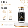 LUX Peptides TB-500 bottle on the right; four orange-outlined icons on the left labeled Recovery, Tissue, Mobility, Wellness.