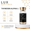 Promotional banner for Thymosin Alpha-1 by Lux Peptides showing product bottle on the right and four icons labeled Thymic, Immune, Cellular, Research on the left.