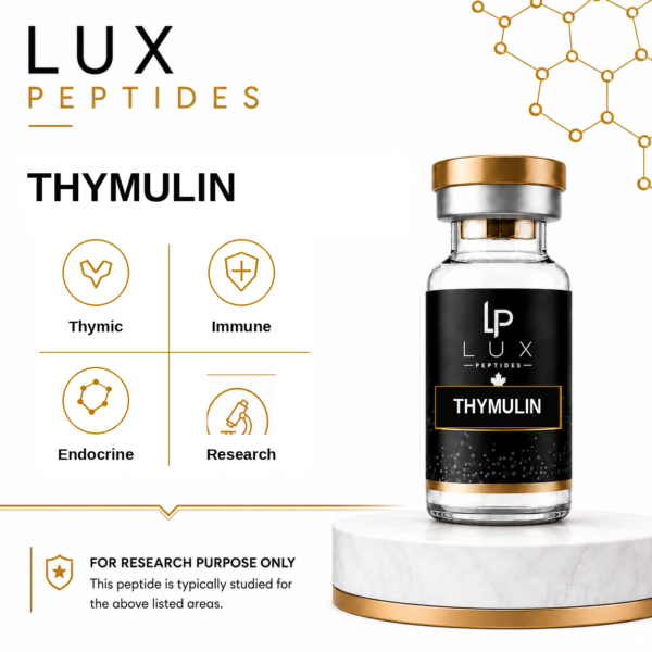 Lux Peptides Thymulin bottle beside a four-panel infographic: Thymic, Immune, Endocrine, Research (gold icons).