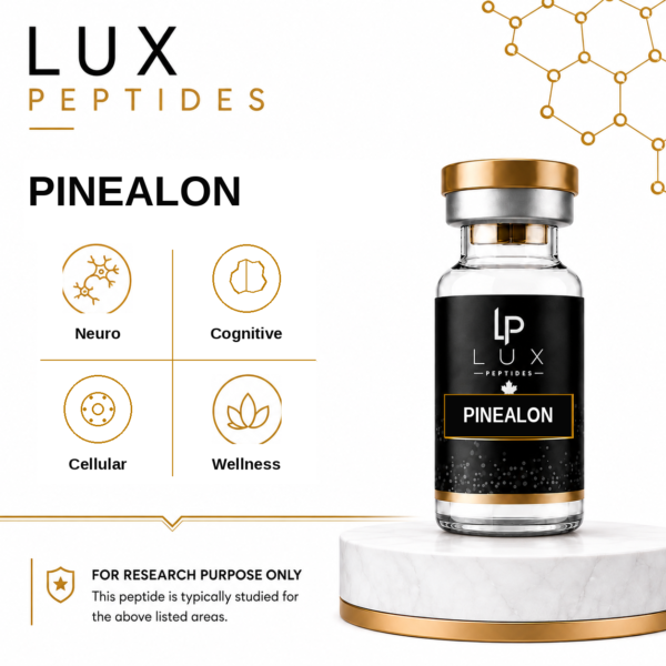Lux Peptides Pinealon promotion: bottle on the right with a four-icon grid (Neuro, Cognitive, Cellular, Wellness) on the left and the Lux Peptides branding top-left.