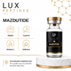 Lux Peptides Mazdutie product with a bottle on the right and four orange-outlined icons for Weight, Appetite, Metabolic, Wellness on the left panel, plus the MAZDUTIDE label on the bottle