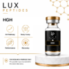 Lux Peptides HGH product hero with bottle and four feature icons: GH Pathway, Body Comp, Performance, Recovery (advertising layout).