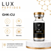 Lux Peptides GHK-CU bottle shown with four category icons (Skin, Collagen, Hair, Recovery) and a note that the product is for research purposes only.