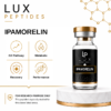 Lux Peptides Ipamorelin bottle on a pedestal with four feature icons: GH Pathway, Metabolic, Recovery, Performance (for research use).