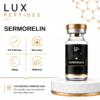 Lux Peptides Sermorelin product image with four benefit icons: GH Pathway, Recovery, Sleep, Wellness beside a bottle on a marble display.