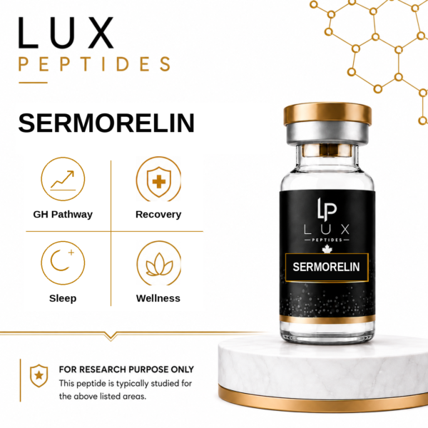 Lux Peptides Sermorelin product image with four benefit icons: GH Pathway, Recovery, Sleep, Wellness beside a bottle on a marble display.
