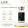 Lux Peptides product bottle labeled CJ C-1295 NO DAC + IPAMORELIN BLEND with four icons for GH Pathway, Metabolic, Recovery, Wellness.