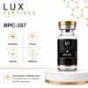 Lux Peptides BPC-157 bottle with gold cap on the right; grid of four circular icons labeled Recovery, Tissue, Healing, Wellness on the left; decorative gold elements.