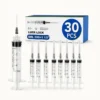 syringe - LUX PEPTIDES Box labeled 30 PCS of Luer Lock syringes with 5 mL capacity and 22G; several transparent syringes aligned in front.