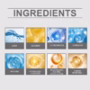 Heading ‘INGREDIENTS’ with eight ingredient tiles labeled Aqua, Glycerin, 1,2-Hexanediol, Carbomer, Arginine, Hydrolyzed Collagen, Nicotinamide Adenine Dinucleotide, Copper Tripeptide-1