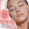 Pink PDRN facial serum bottle beside a woman's glowing face with closed eyes, emphasizing hydration and radiance.