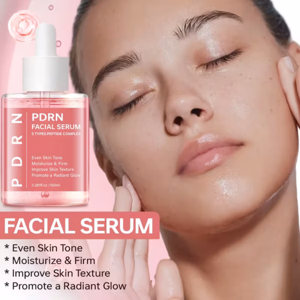 Pink PDRN facial serum bottle beside a woman's glowing face with closed eyes, emphasizing hydration and radiance.