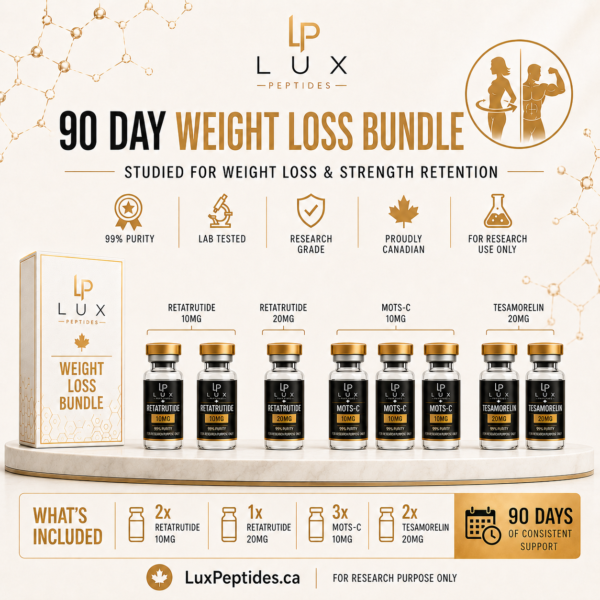 Lux Peptides 90 Day Weight Loss Bundle ad with box and six peptide vials labeled Retatrutide, MOTS-C, Tesamorelin on a showcase.