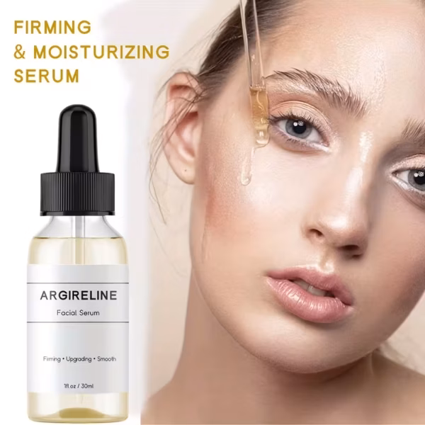Product shot of Argireline facial serum with a dropper, beside a woman's face applying serum; text reads 'Firming & Moisturizing Serum'