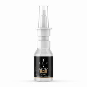 White research bottle with black label showing AOD-9604 5MG, for research purposes only, LP Lux logo