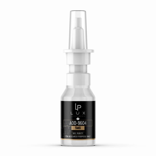 White research bottle with black label showing AOD-9604 5MG, for research purposes only, LP Lux logo