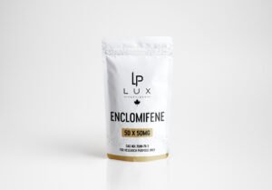 White resealable pouch with Lux branding and Enclomiphene text, gold accent at the bottom edge, for research use only.