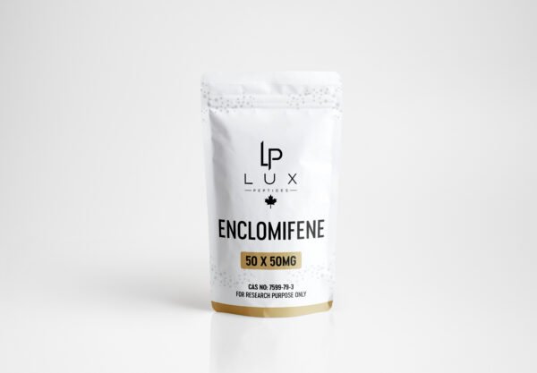 White resealable pouch with Lux branding and Enclomiphene text, gold accent at the bottom edge, for research use only.