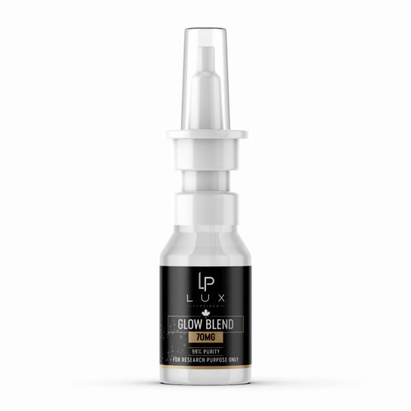 Close-up of a white cylindrical bottle with a dropper top and a black label that reads Glow Blend 70MG, for research purposes only.