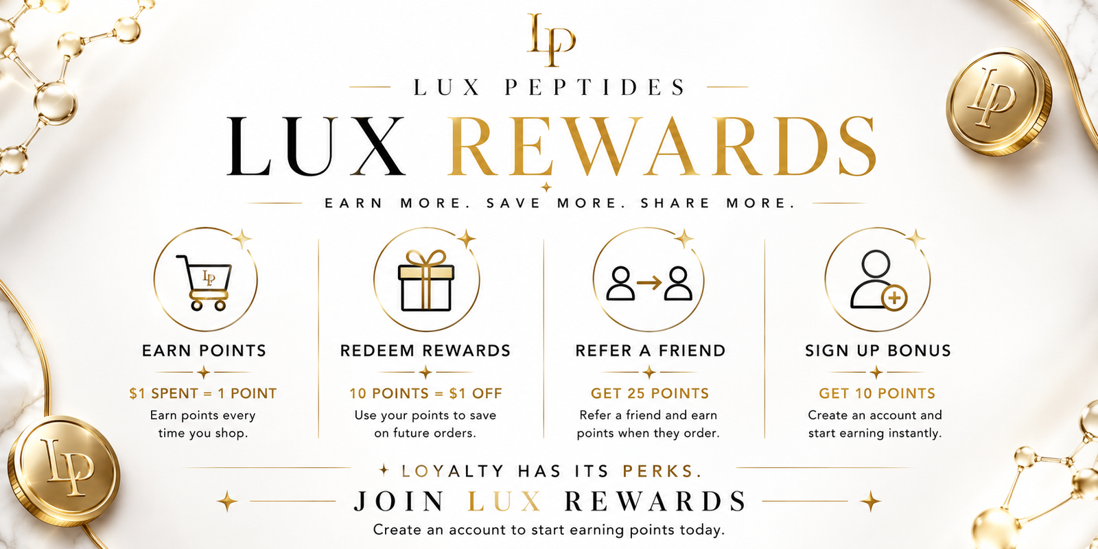 Lux Rewards promotional banner showing four reward options: Earn Points, Redeem Rewards, Refer a Friend, Sign Up Bonus, with gold accents and jewelry motifs.