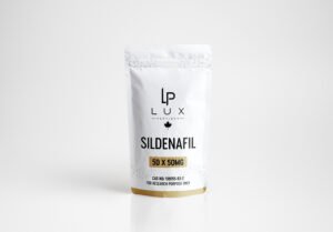 White resealable pouch with 'LUX' logo and 'SILDENAFIL' text, marked 50 x 50MG for research purposes only, on a light background.
