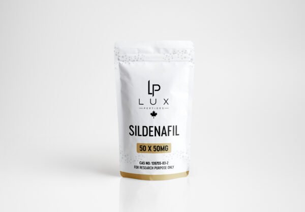 White resealable pouch with 'LUX' logo and 'SILDENAFIL' text, marked 50 x 50MG for research purposes only, on a light background.