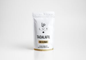 White resealable medical pouch with LUX branding and the word TADALAFIL, gold bottom, standing upright on a light background.